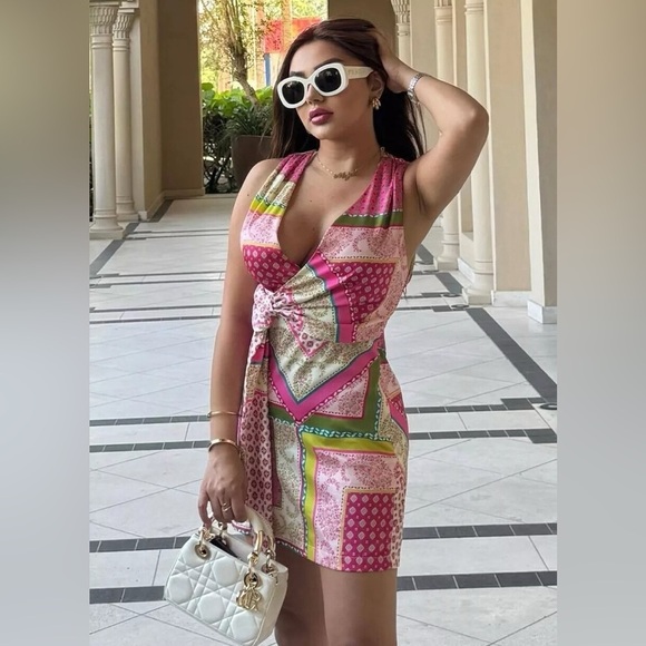 Zara Printed V-Neck Mini Dress Tie  Pink Green size M - Picture 2 of 12